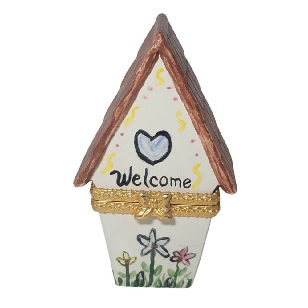 Vintage Porcelain House Shaped Hinged Trinket Pill Box Handpainted Flowers 4"